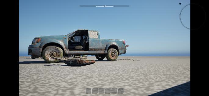 A pickup truck missing its driver's door, the door lying on the ground beside it