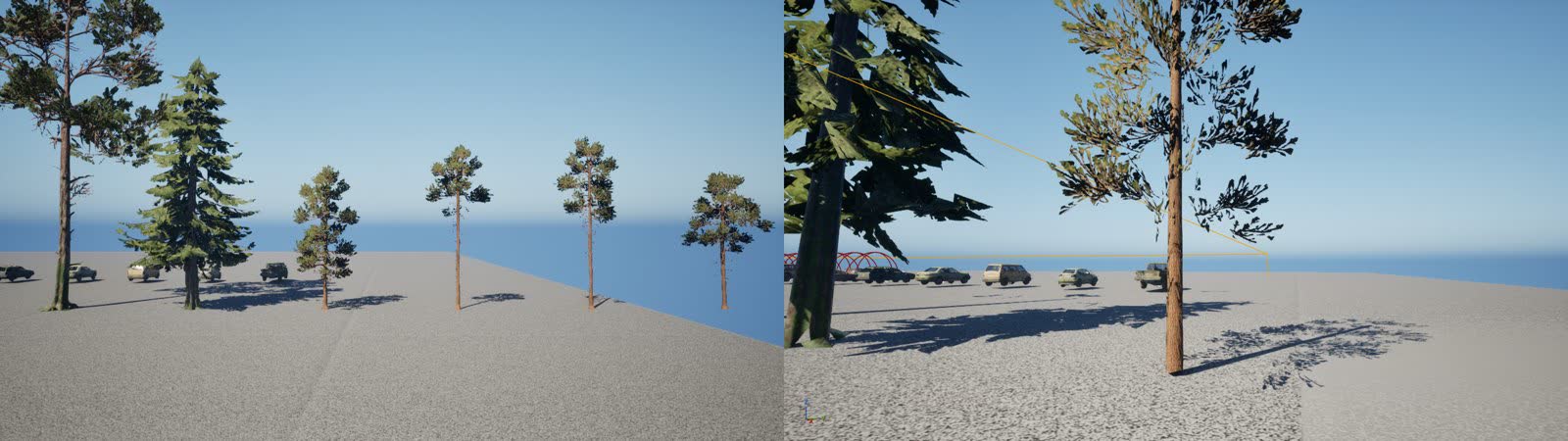Our current trees (left) next to the new pines, and a new pine up close