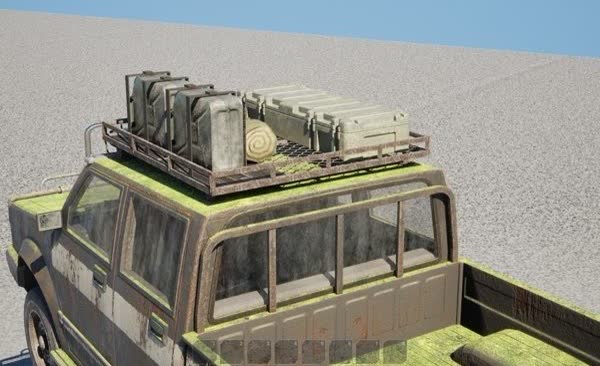 A loaded roof: rack, jerry cans, bedroll and weapons case