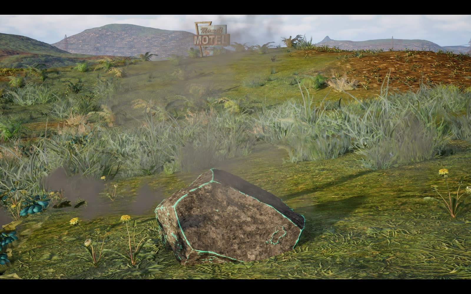 A pickaxe hit kicks up dust and rock chips