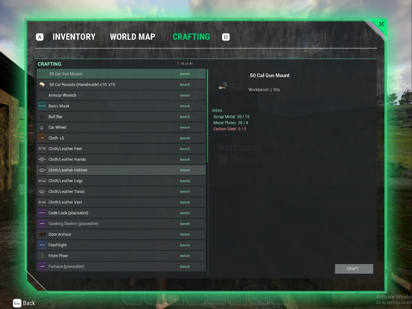 The Crafting tab at a workbench