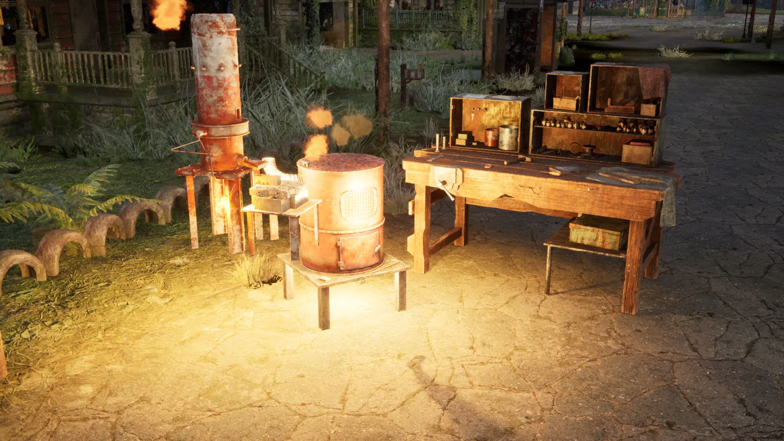 A small base: the smelter, the barrel furnace and a workbench