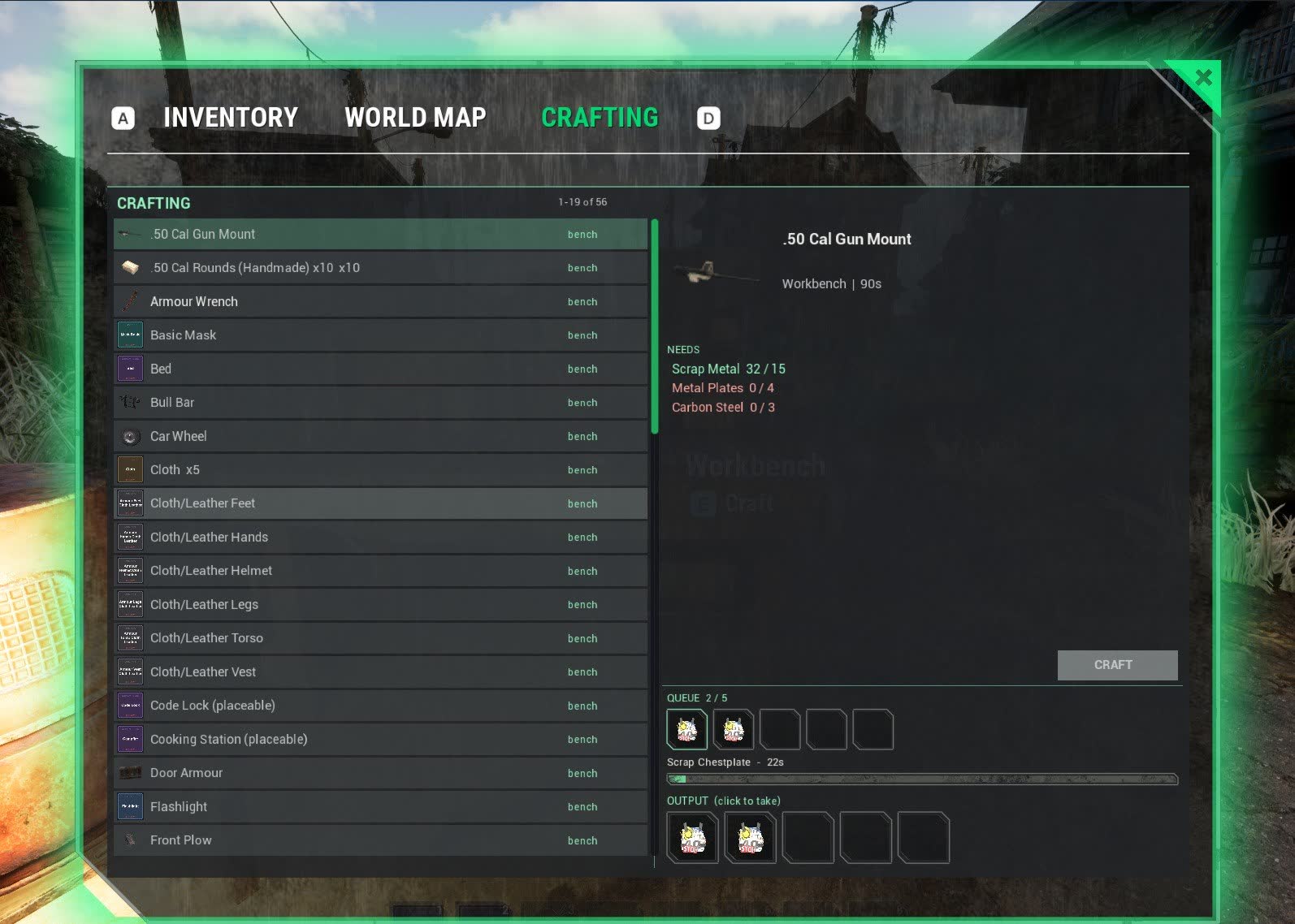 The bench menu: queue, progress bar and output slots