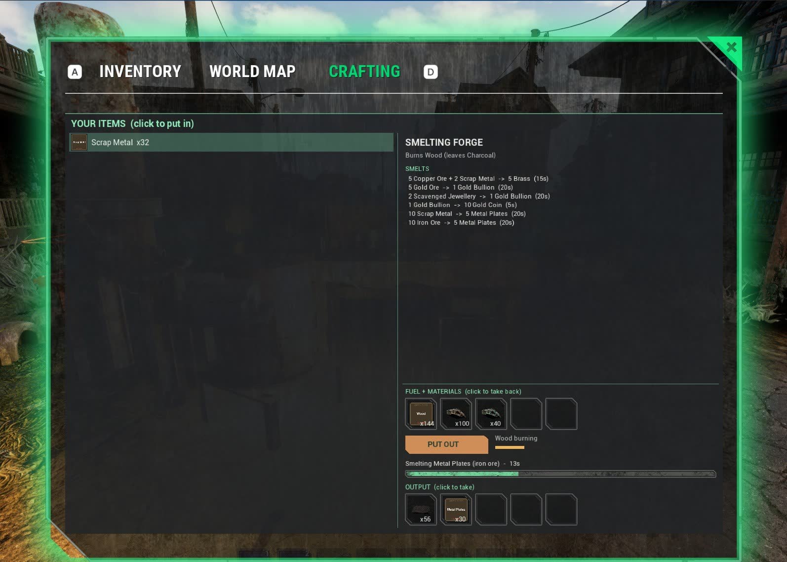 The furnace window: slots, the Put Out button, smelting progress and output