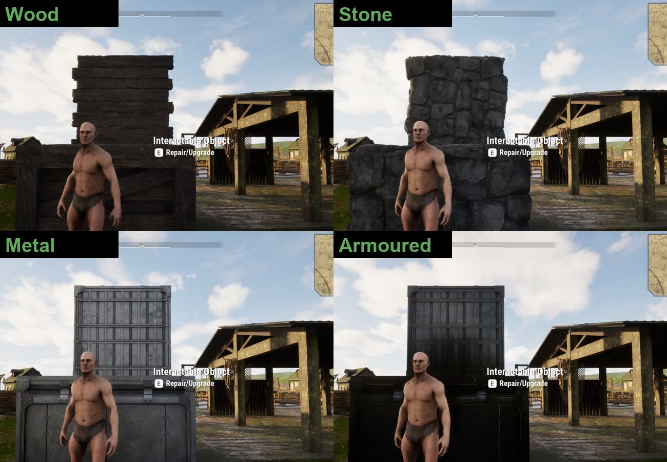 The same wall in all four tiers: wood, stone, metal and armoured